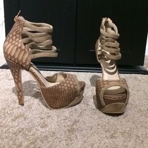 Brown and tan snakeskin heels